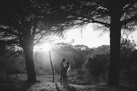 Casal abraçado entre árvores ao pôr do sol, momento de cumplicidade captado por Humberto Barbosa, fotógrafo de casamento Santa Maria da Feira