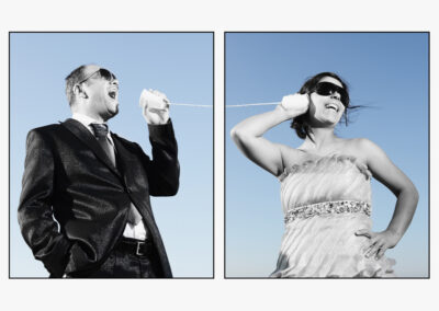 Noivos brincam com telefone de copos e riem às gargalhadas — Humberto Barbosa capta fotografia de casamento divertida no Porto